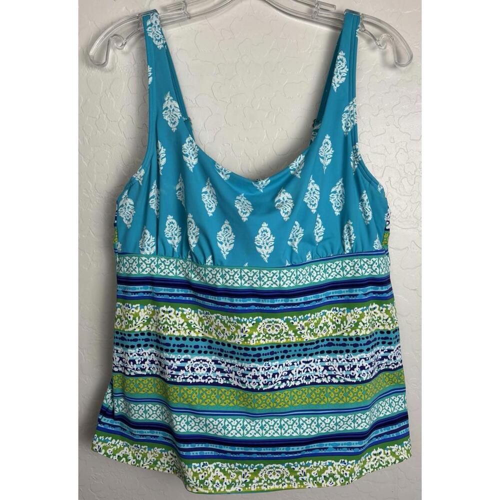 Lands End Tankini Swim Underwire 14 Blue Floral Stripe 1875